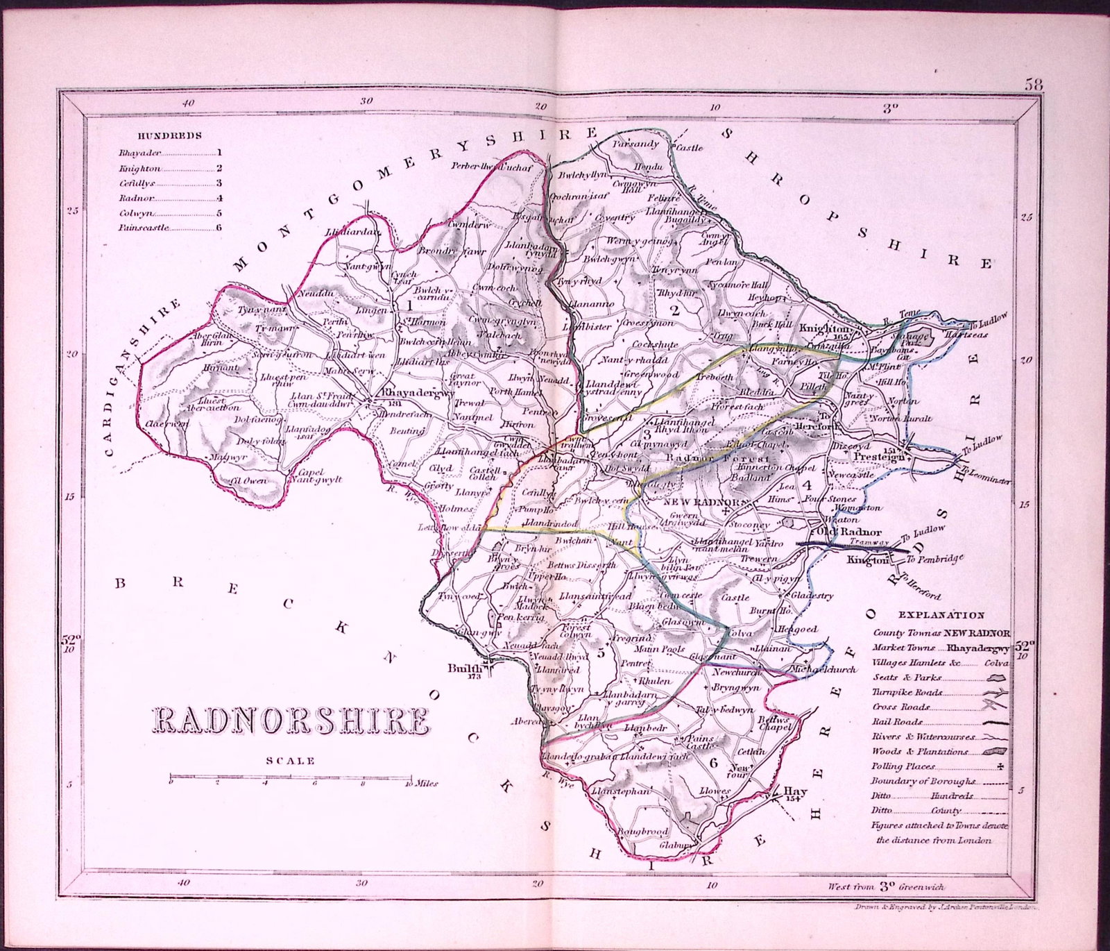 Radnorshire Wales-Dugdale & Archer Antique 180 Years-Old Steel Engraved Map-45: Title: Radnorshire Wales-Dugdale & Archer Antique 180 Years-Old Steel Engraved Map-45 Description: This Antique Coloured Engraved Map Has Been Removed from an Antique Edition of. Thomas Dugdale