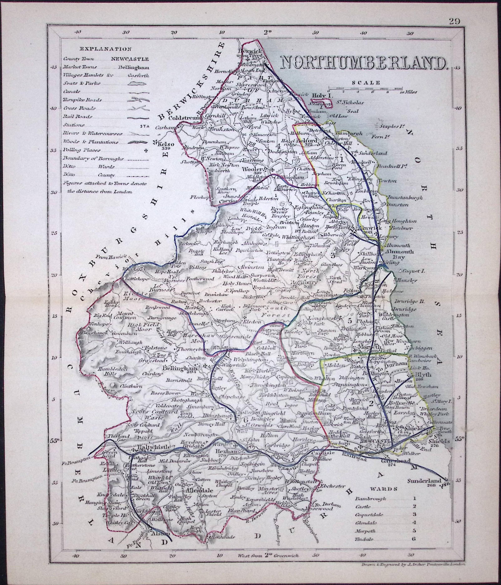 Northumberland-Dugdale & Archer Antique 180 Years-Old Steel Engraved Map-20: Title: Northumberland-Dugdale & Archer Antique 180 Years-Old Steel Engraved Map-20 Description: This Antique Coloured Engraved Map Has Been Removed from an Antique Edition of. Thomas Dugdale