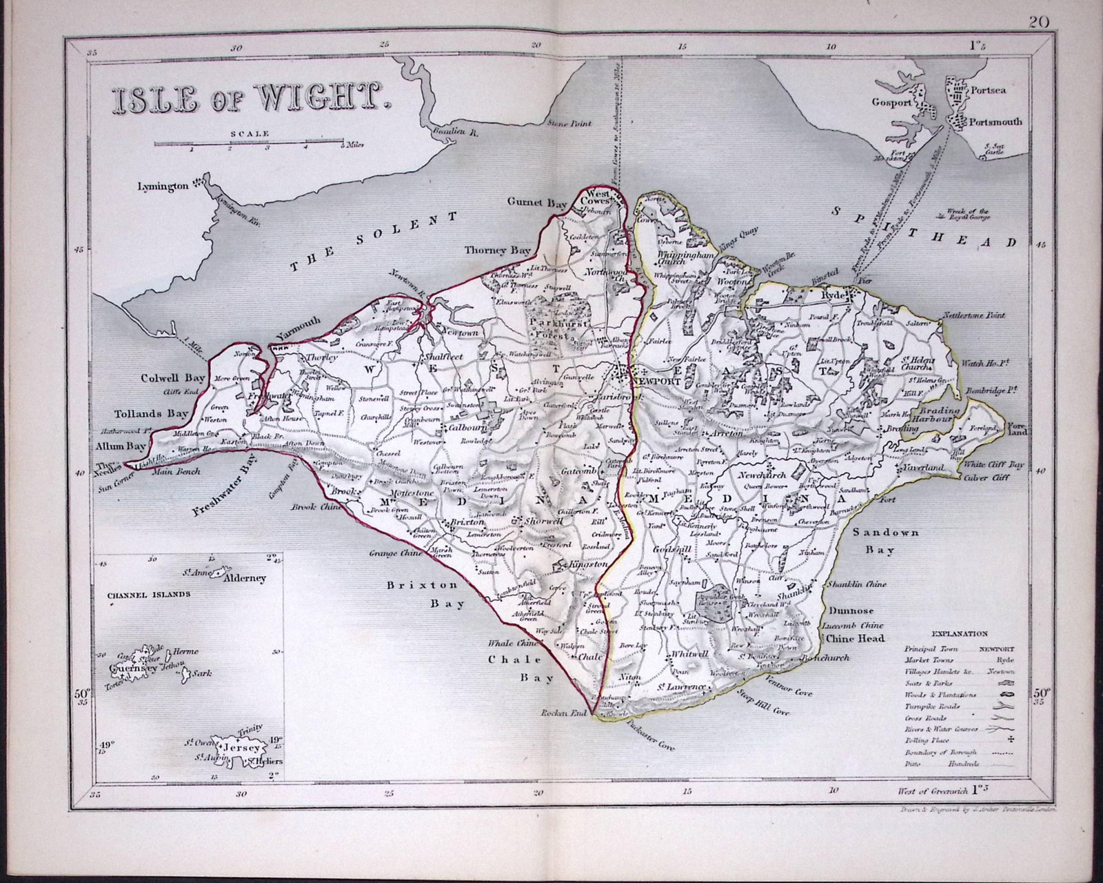 Isle of Wight-Dugdale & Archer Antique 180 Years-Old Steel Engraved Map-35: Title: Isle of Wight-Dugdale & Archer Antique 180 Years-Old Steel Engraved Map-35 Description: This Antique Coloured Engraved Map Has Been Removed from an Antique Edition of. Thomas Dugdale
