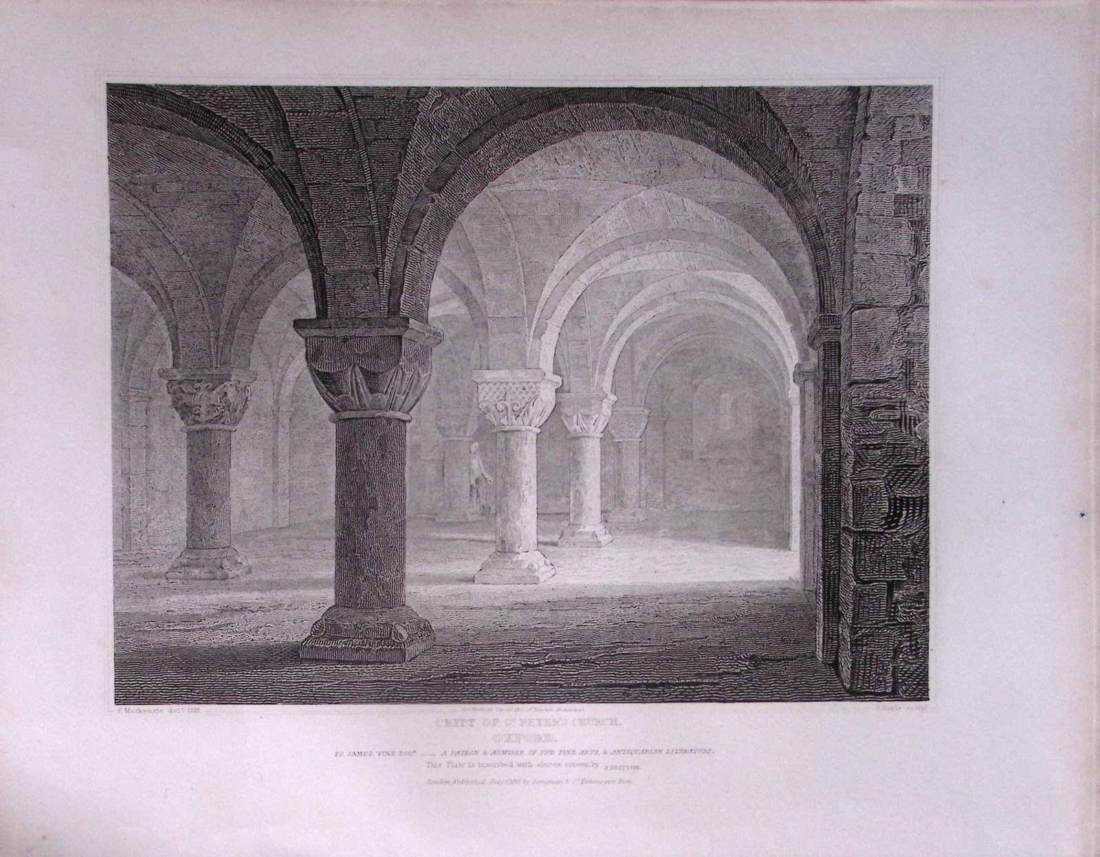 Crypt of St Peters Church Oxford 190 Years-Old John Britton Antique Steel Engraving-232 (1 of 1)