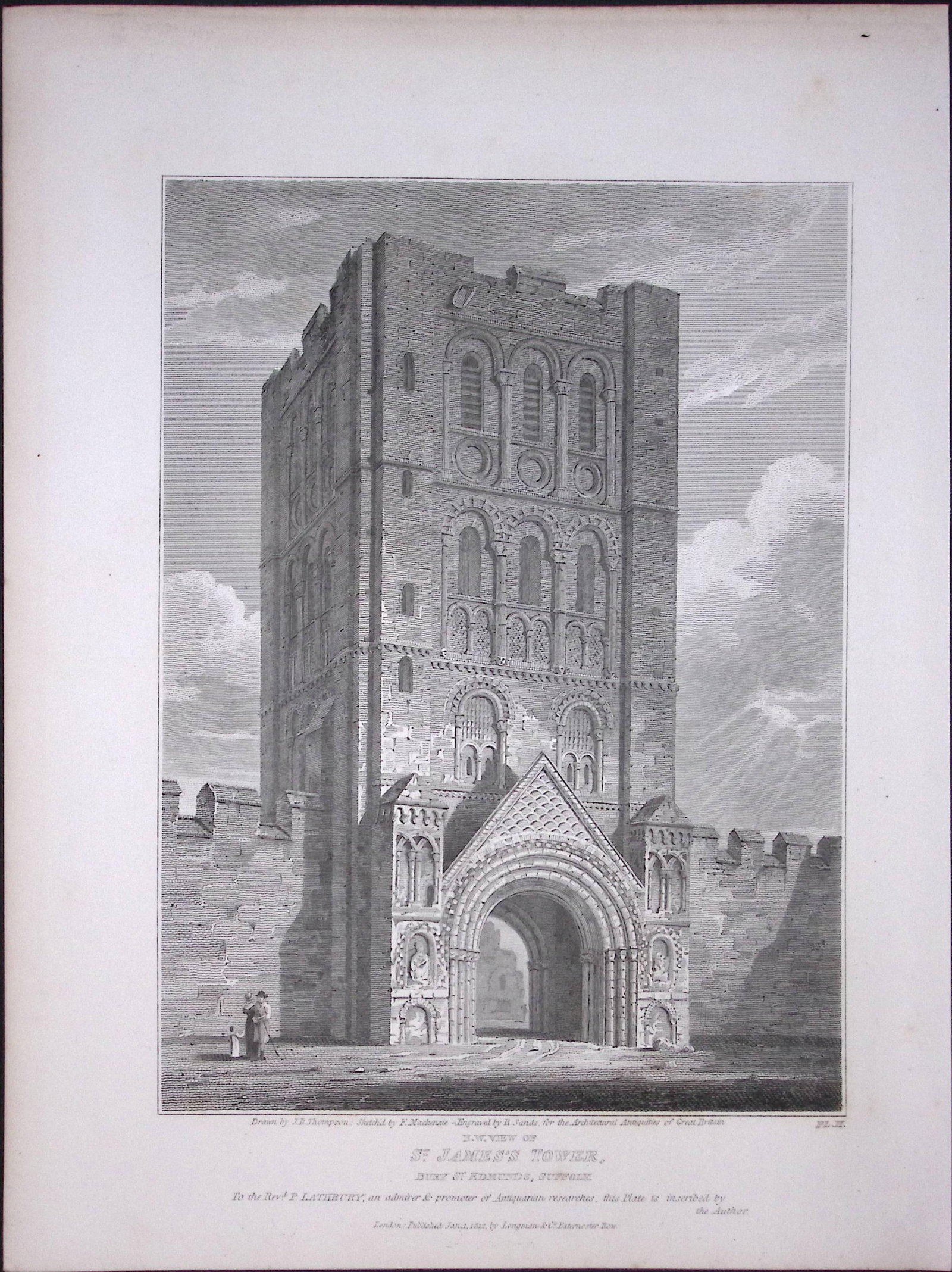 St James Tower Bury St Edmunds 190 Years-Old John Britton Antique Steel Engraving-173 (1 of 1)