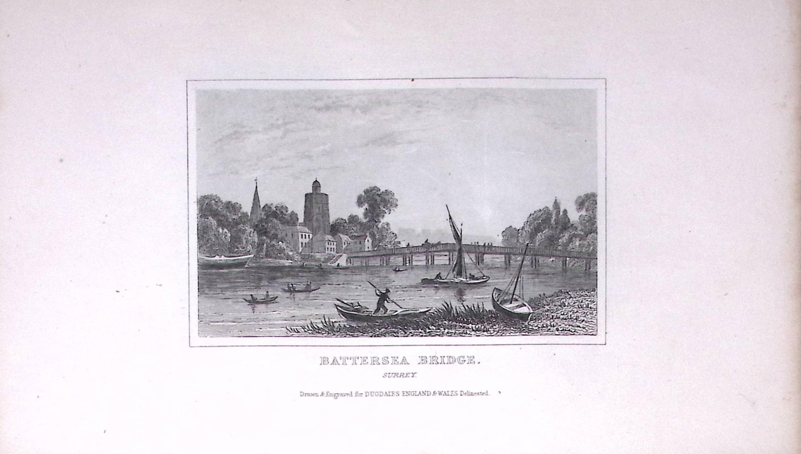 Battersea Bridge Dugdale & Archer Antique 180 Years-Old Copper Plate Print-45 (1 of 1)