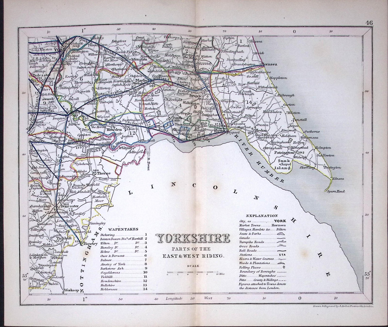 Yorkshire East & West Riding-Antique 180 Years-Old Steel Engraved Map-39: Title: Yorkshire East & West Riding-Antique 180 Years-Old Steel Engraved Map-39 Description: This Antique Coloured Engraved Map Has Been Removed from an Antique Edition of. Thomas Dugdale