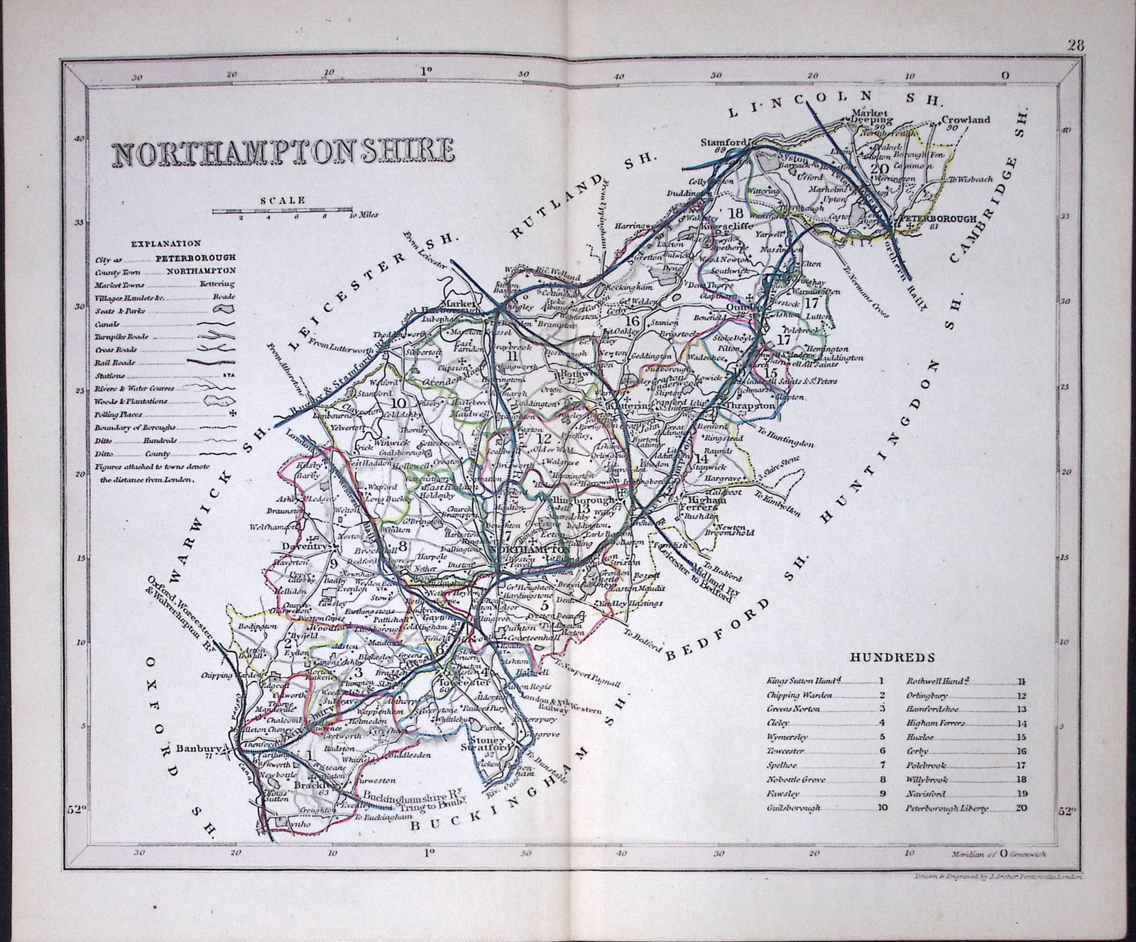 Northamptonshire-Dugdale & Archer Antique 180 Years-Old Steel Engraved Map-19: Title: Northamptonshire-Dugdale & Archer Antique 180 Years-Old Steel Engraved Map-19 Description: This Antique Coloured Engraved Map Has Been Removed from an Antique Edition of. Thomas Dugd