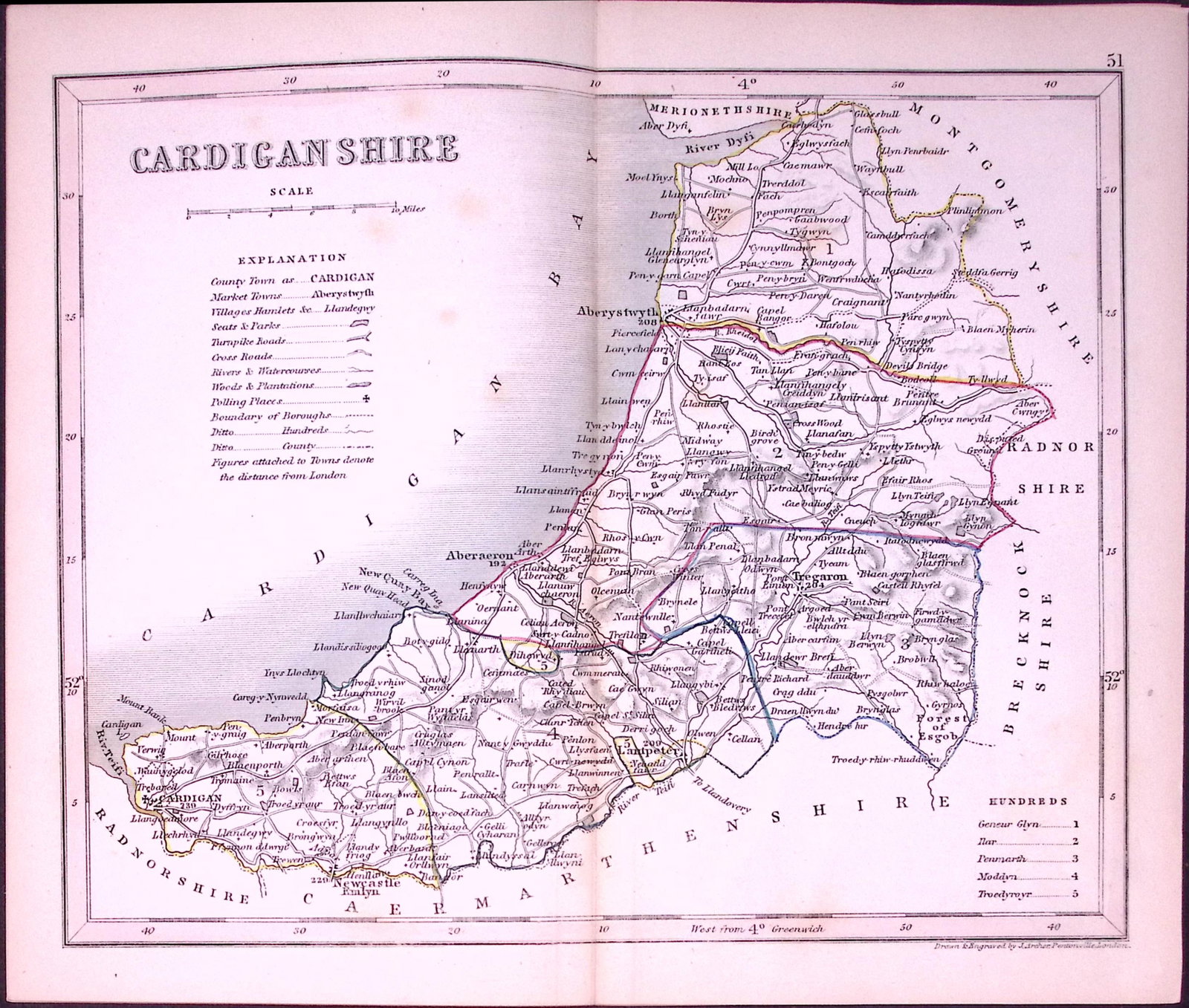 Cardiganshire Wales-Dugdale & Archer Antique 180 Years-Old Steel Engraved Map-49: Title: Cardiganshire Wales-Dugdale & Archer Antique 180 Years-Old Steel Engraved Map-49 Description: This Antique Coloured Engraved Map Has Been Removed from an Antique Edition of. Thomas Dugdale