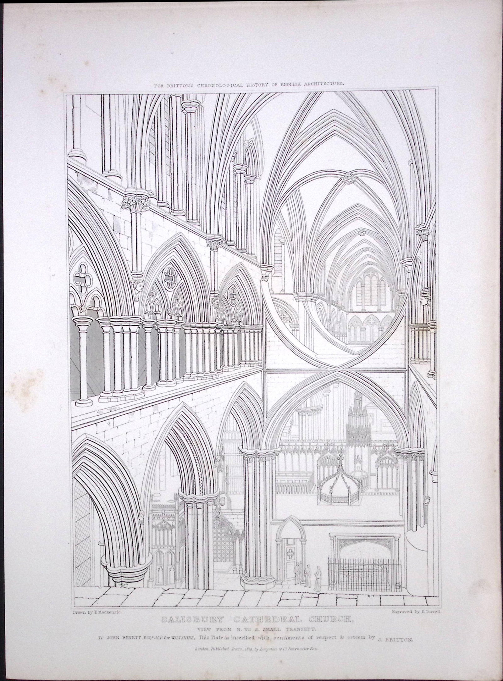 Salisbury Cathedral Wiltshire 190 Years-Old John Britton Antique Steel Engraving-227a (1 of 1)
