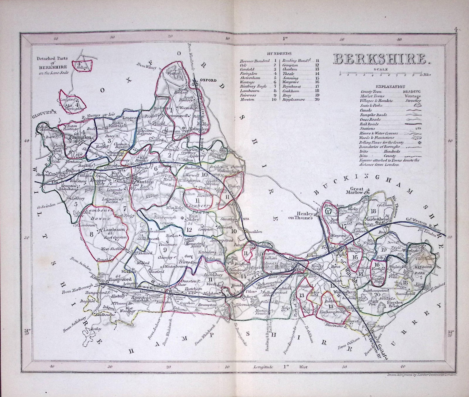 Berkshire-Dugdale & Archer Antique 180 Years-Old Steel Engraved Map-29: Title: Berkshire-Dugdale & Archer Antique 180 Years-Old Steel Engraved Map-29 Description: This Antique Coloured Engraved Map Has Been Removed from an Antique Edition of. Thomas Dugdale