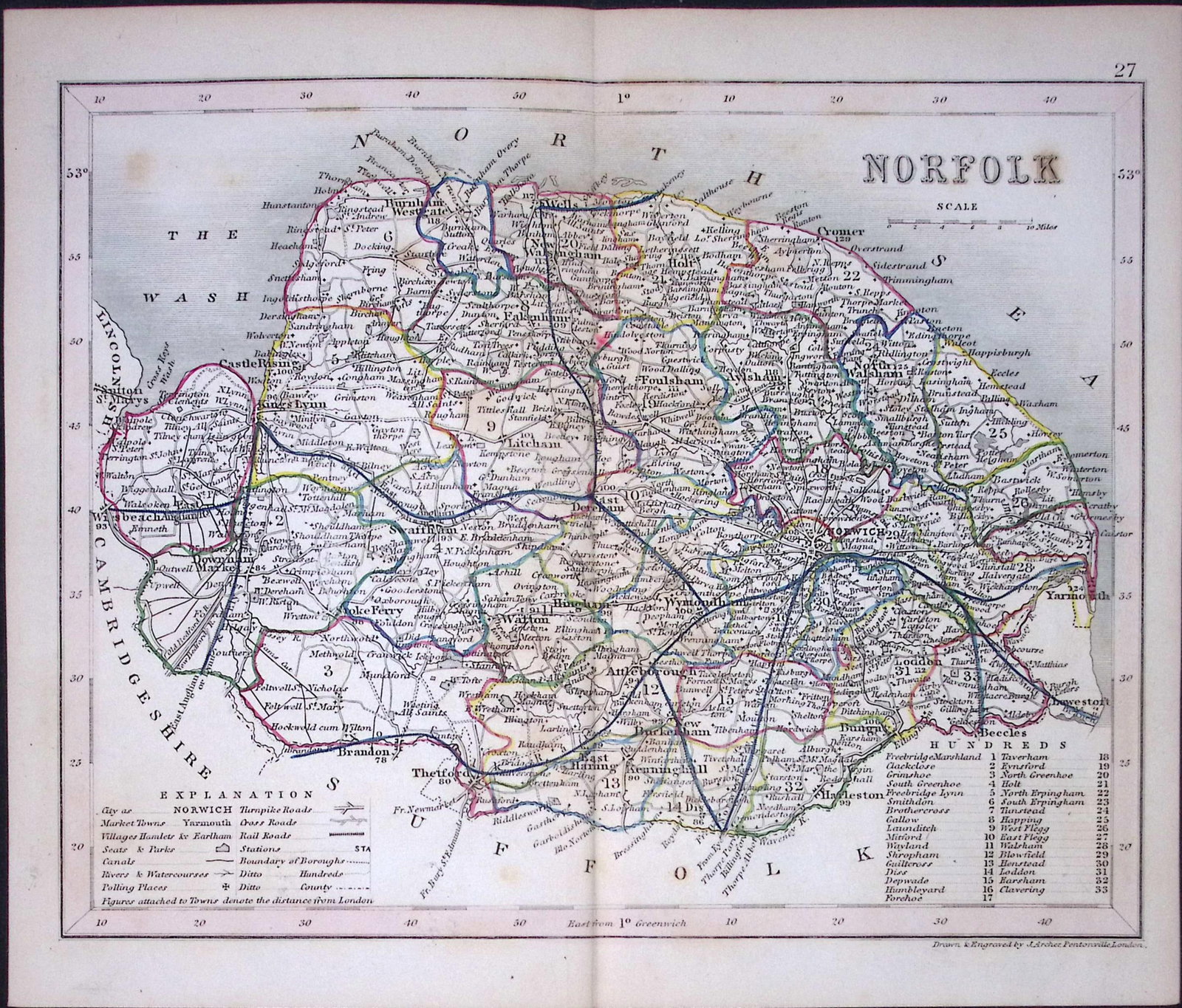 County Norfolk-Dugdale & Archer Antique 180 Years-Old Steel Engraved Map-18: Title: County Norfolk-Dugdale & Archer Antique 180 Years-Old Steel Engraved Map-18 Description: This Antique Coloured Engraved Map Has Been Removed from an Antique Edition of. Thomas Dugdale