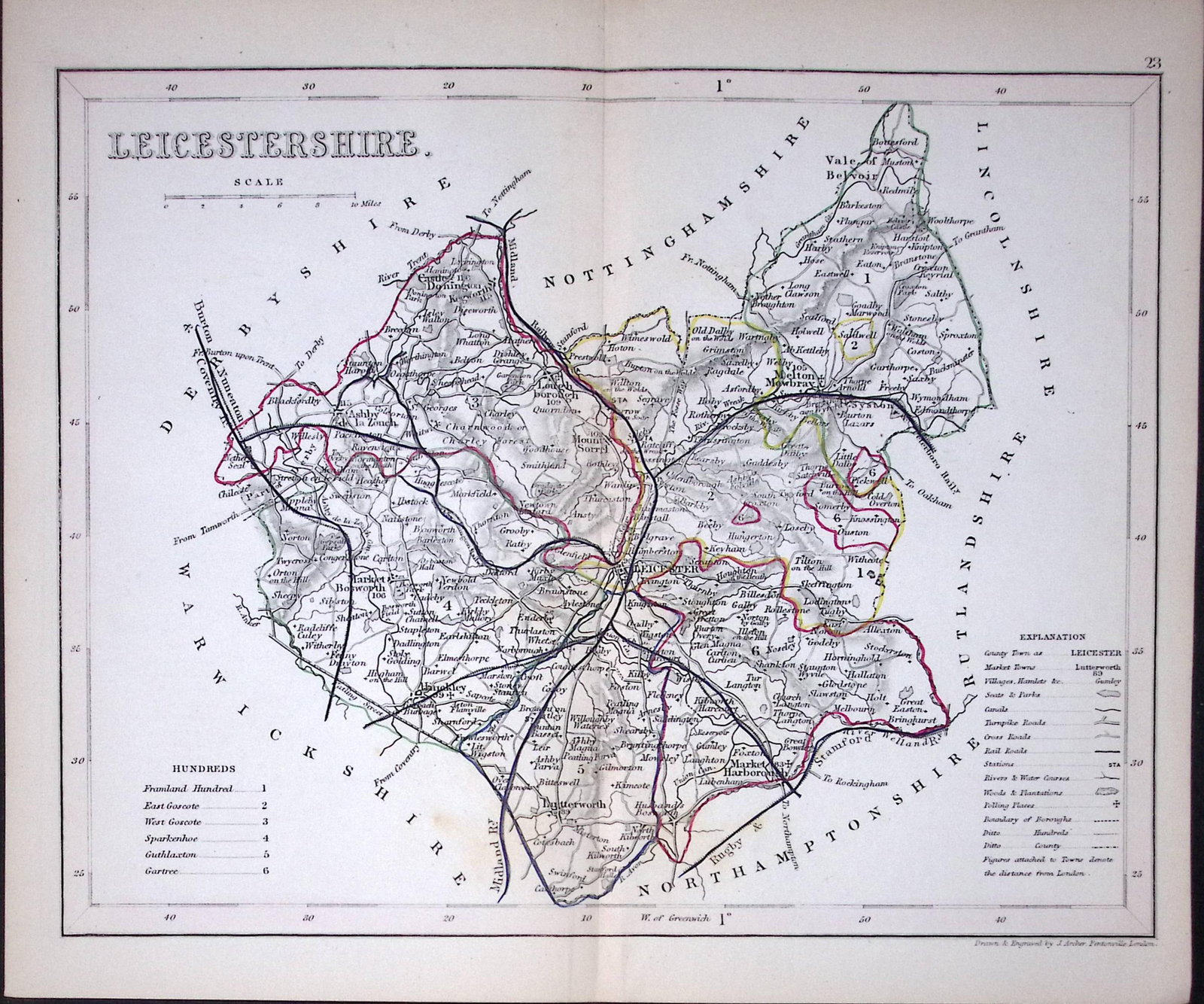 Leicestershire-Dugdale & Archer Antique 180 Years-Old Steel Engraved Map-16: Title: Leicestershire-Dugdale & Archer Antique 180 Years-Old Steel Engraved Map-16 Description: This Antique Coloured Engraved Map Has Been Removed from an Antique Edition of. Thomas Dugdale