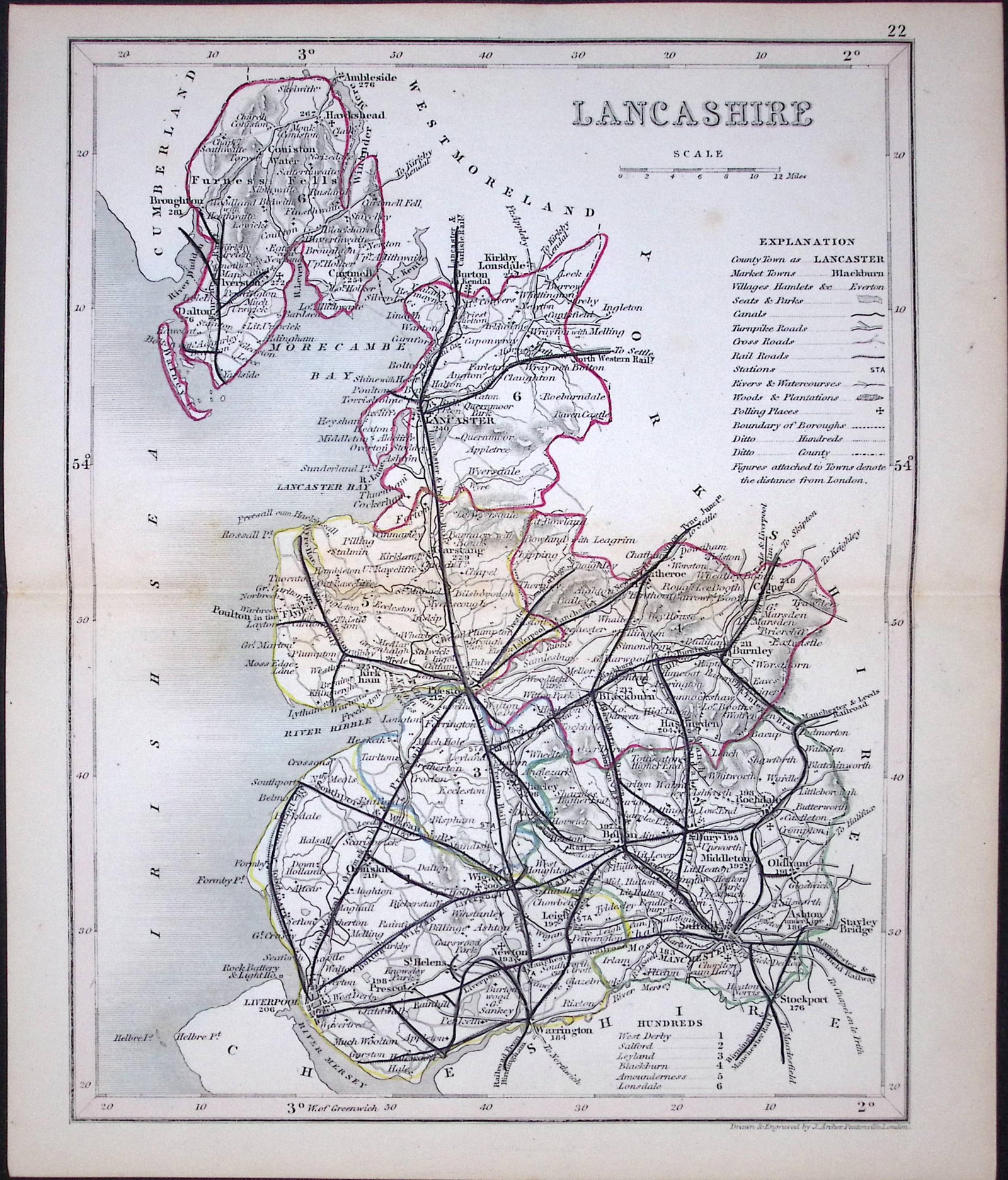 Lancashire-Dugdale & Archer Antique 180 Years-Old Steel Engraved Map-15: Title: Lancashire-Dugdale & Archer Antique 180 Years-Old Steel Engraved Map-15 Description: This Antique Coloured Engraved Map Has Been Removed from an Antique Edition of. Thomas Dugdale