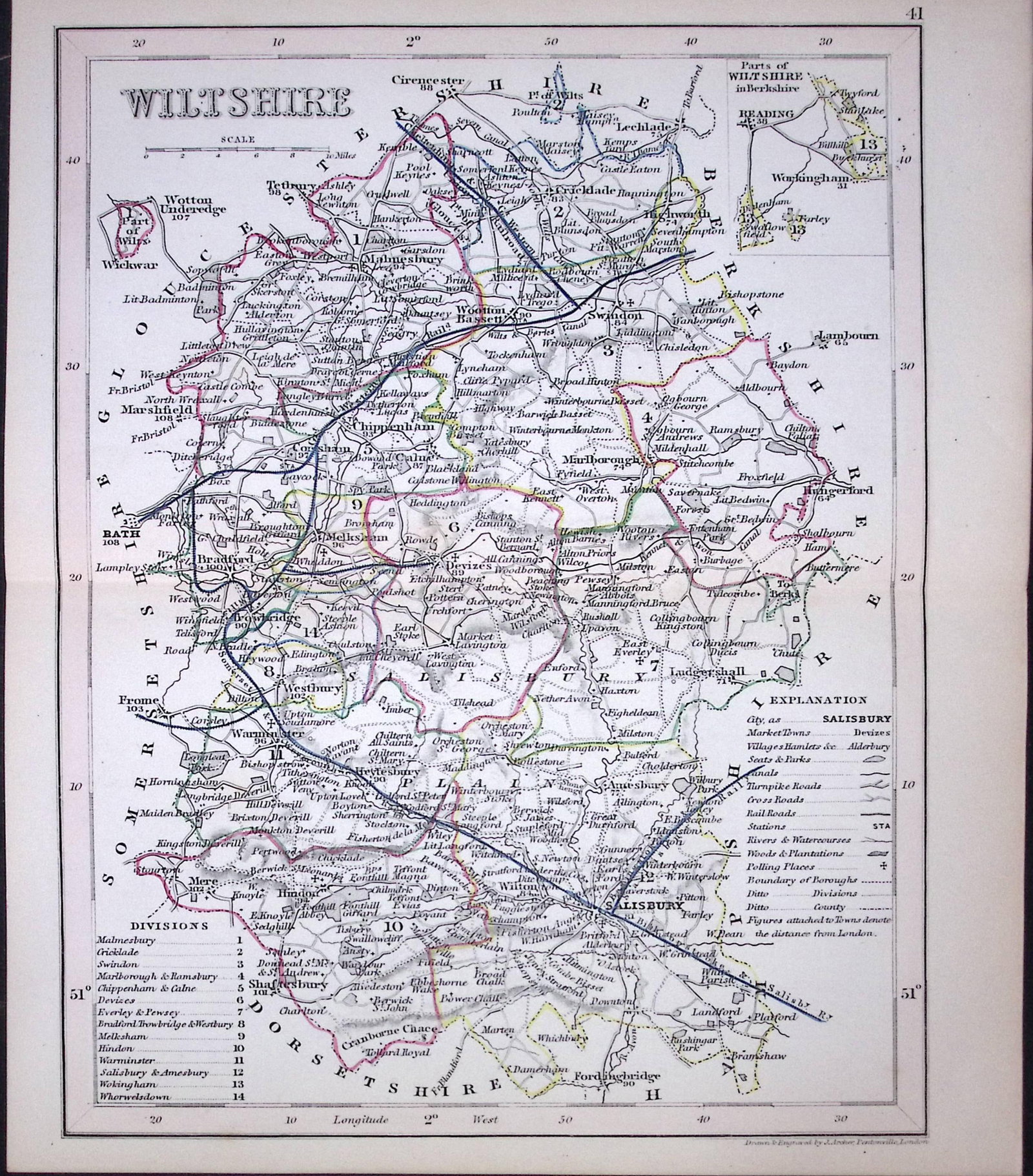 Wiltshire-Dugdale & Archer Antique 180 Years-Old Steel Engraved Map-10: Title: Wiltshire-Dugdale & Archer Antique 180 Years-Old Steel Engraved Map-10 Description: This Antique Coloured Engraved Map Has Been Removed from an Antique Edition of. Thomas Dugdale