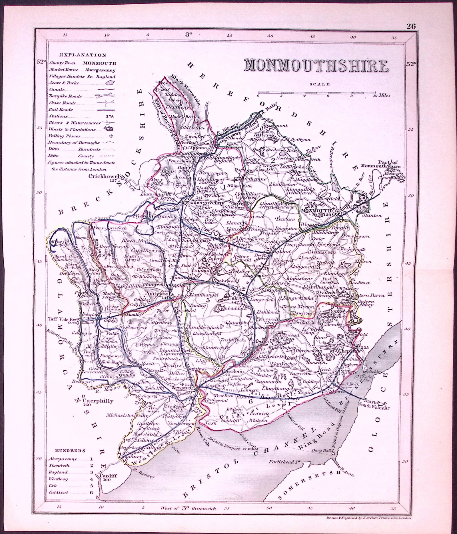 Monmouthshire Wales-Dugdale & Archer Antique 180 Years-Old Steel Engraved Map-43: Title: Monmouthshire Wales-Dugdale & Archer Antique 180 Years-Old Steel Engraved Map-43 Description: This Antique Coloured Engraved Map Has Been Removed from an Antique Edition of. Thomas D