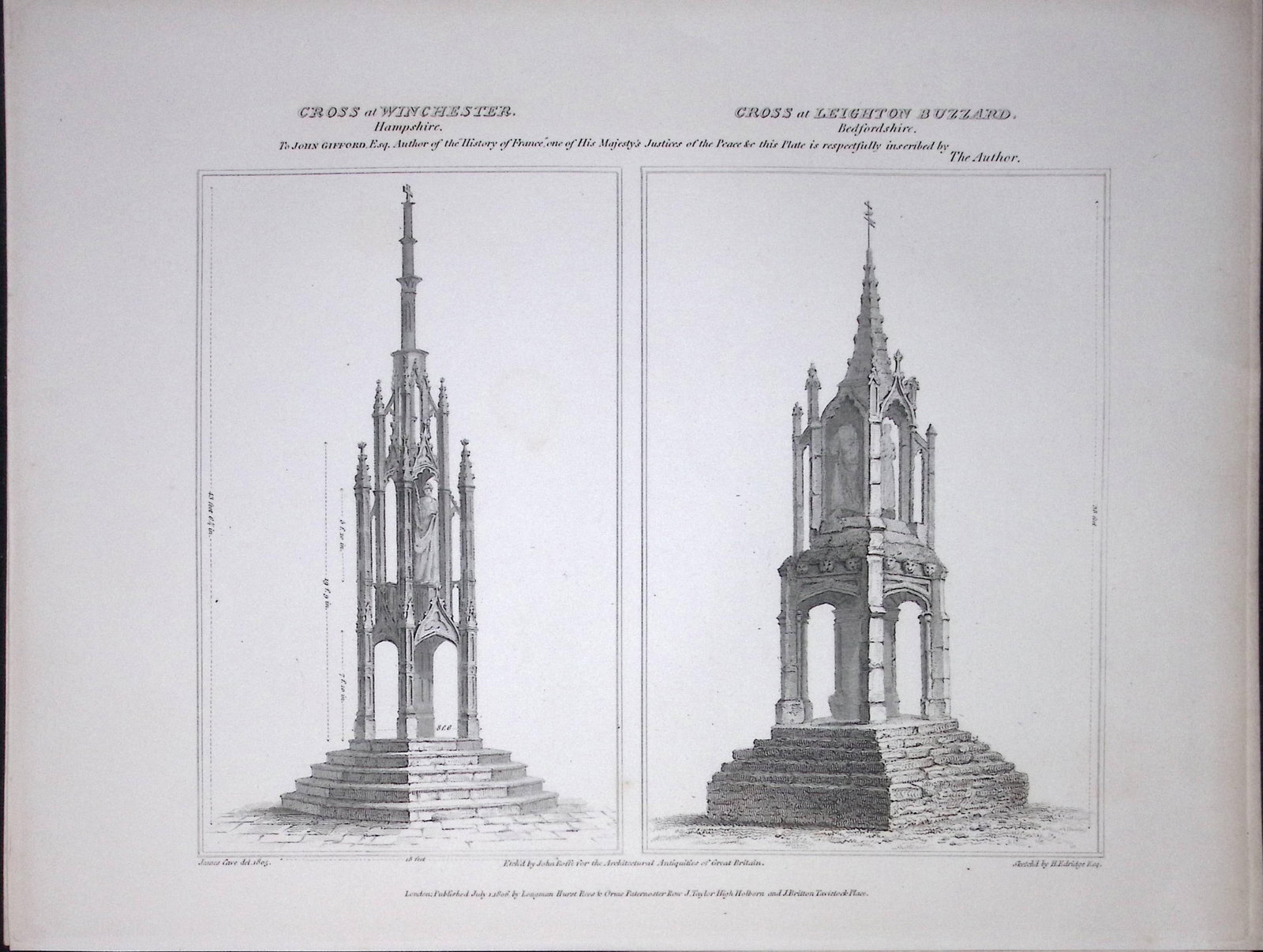 The Cross at Winchester & Leighton Buzzard Rare John Britton Antique Steel Engraving-35: Title: The Cross at Winchester & Leighton Buzzard Rare John Britton Antique Steel Engraving-35 Description: This 191 Years-Old Steel Gilt-Edged Engraved Plate Has Been Removed from an Antique E