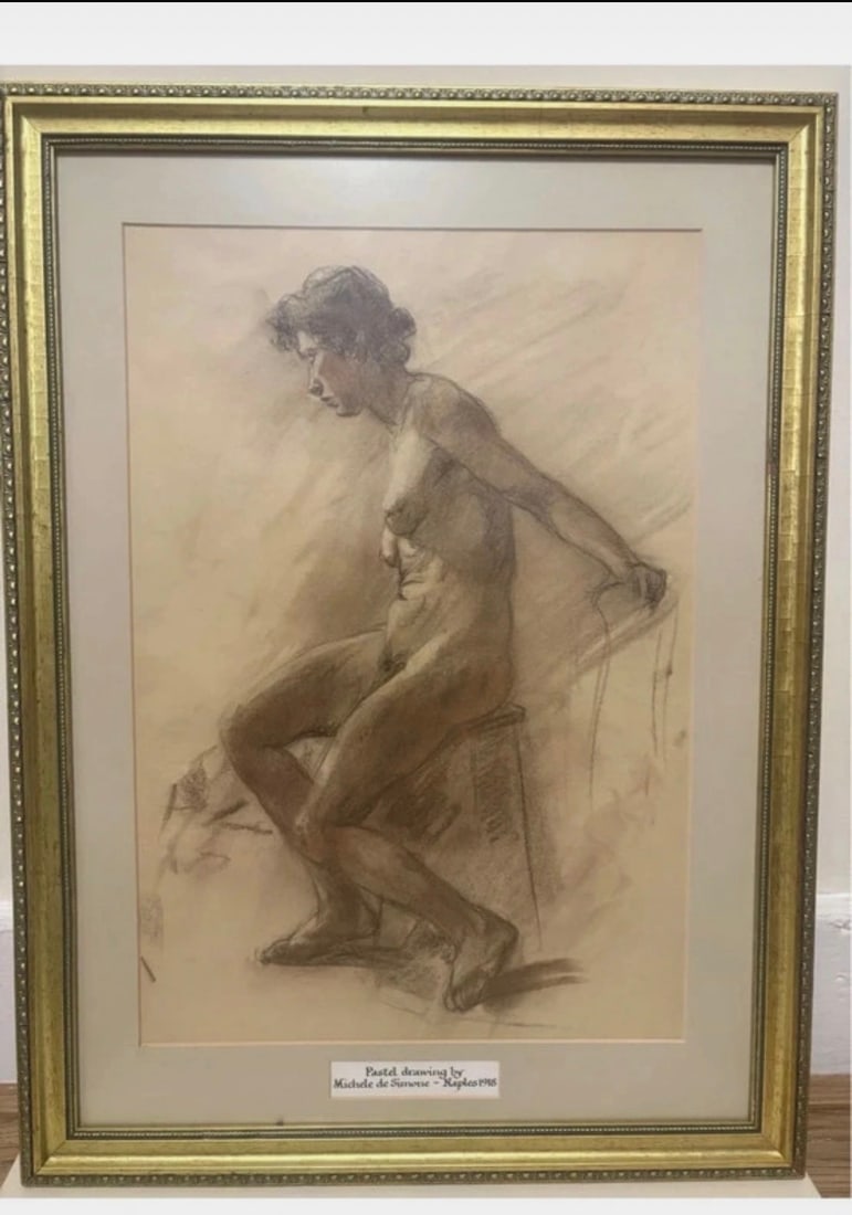 Michele de Simone, Seated Nude; Pastel: Title: Michele de Simone, Seated Nude; Pastel Description: Seated Nude Pastel Works on paper Framed in heavy gold vintage frame and glazed Signed and dated: Naples 1918 69 x 55 cm height 