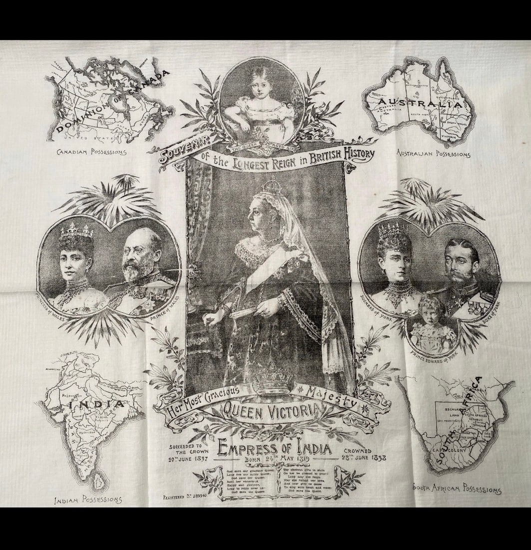 Handkerchief Commemorating Queen Victoria's Record-Breaking Reign: Title: Handkerchief Commemorating Queen Victoria's Record-Breaking Reign Description: Souvenir of the Longest Reign in British History. Her Most Gracious Majesty Queen Victoria n.d.,c .1897, cotton