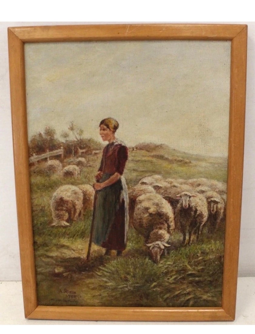 A. Rizzo Woman With Sheep; Oil Painting: Title: A. Rizzo Woman With Sheep; Oil Painting Description: Dated: 1960 Medium: Oil on canvas Height: 10 x 7 width inches Signed by artist Condition: No damage to the painting 