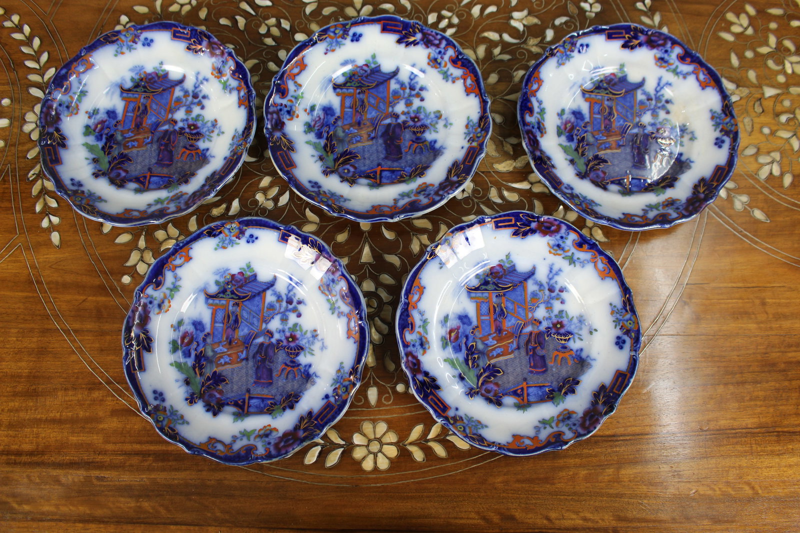 Set of Five Victorian Flow Blue Chinoiserie Plates, George Jones & Sons, c.1865 - 2