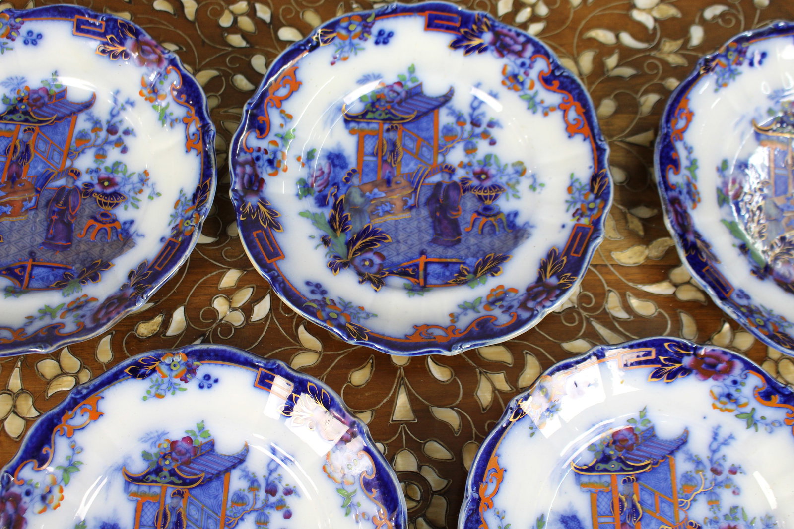 Set of Five Victorian Flow Blue Chinoiserie Plates, George Jones & Sons, c.1865 - 3