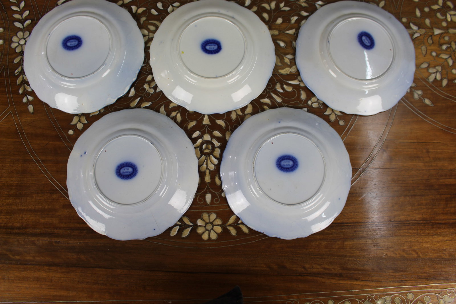 Set of Five Victorian Flow Blue Chinoiserie Plates, George Jones & Sons, c.1865 - 6