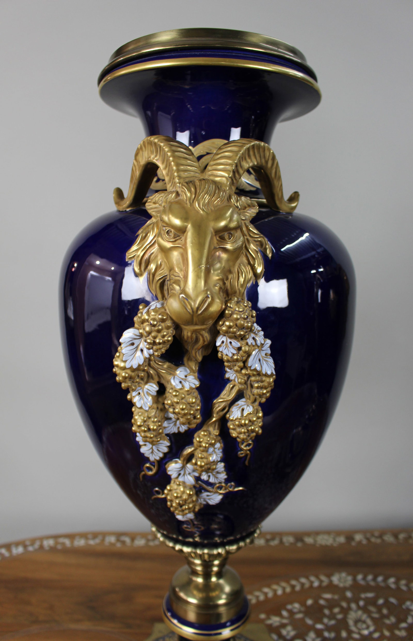 Pair of Fine Sevres Style Cobalt Blue Rams Head Lidded Urns - 14