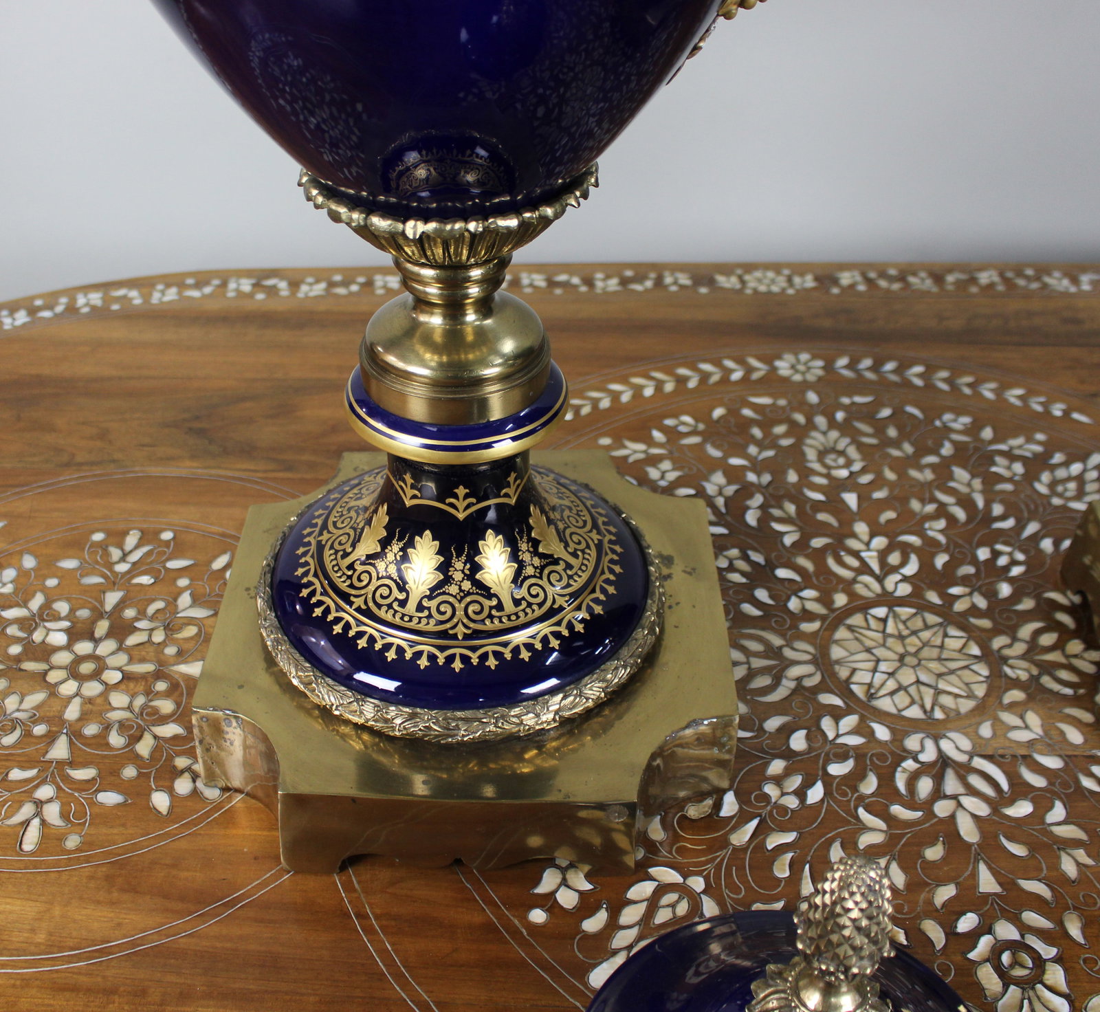 Pair of Fine Sevres Style Cobalt Blue Rams Head Lidded Urns - 16