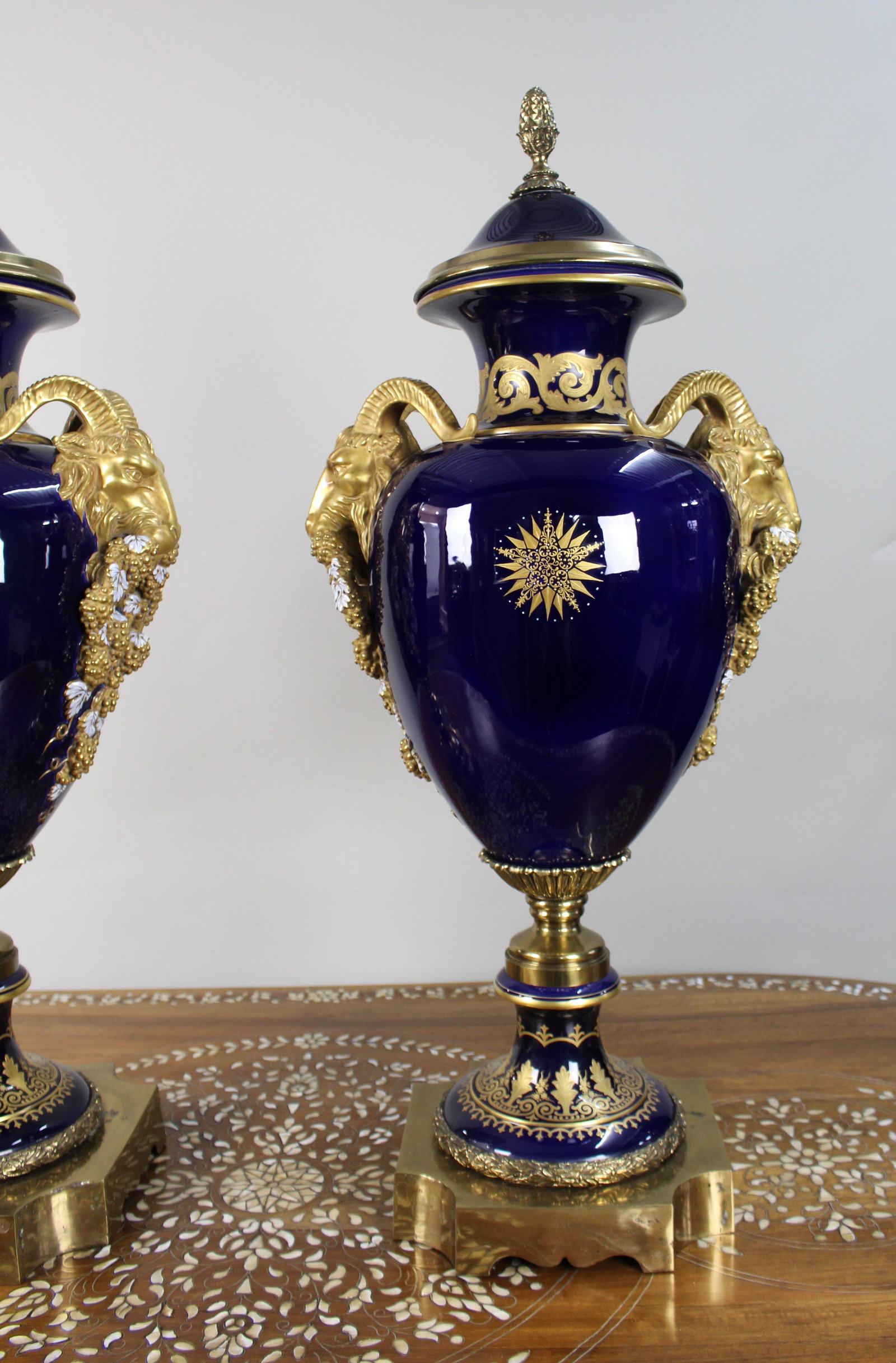Pair of Fine Sevres Style Cobalt Blue Rams Head Lidded Urns - 3
