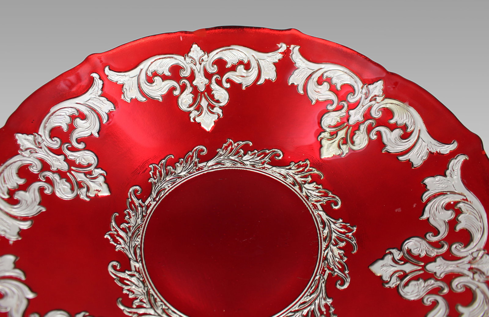 Large Ruby Flashed Glass Bowl with Ornate Silver Overlay - 8