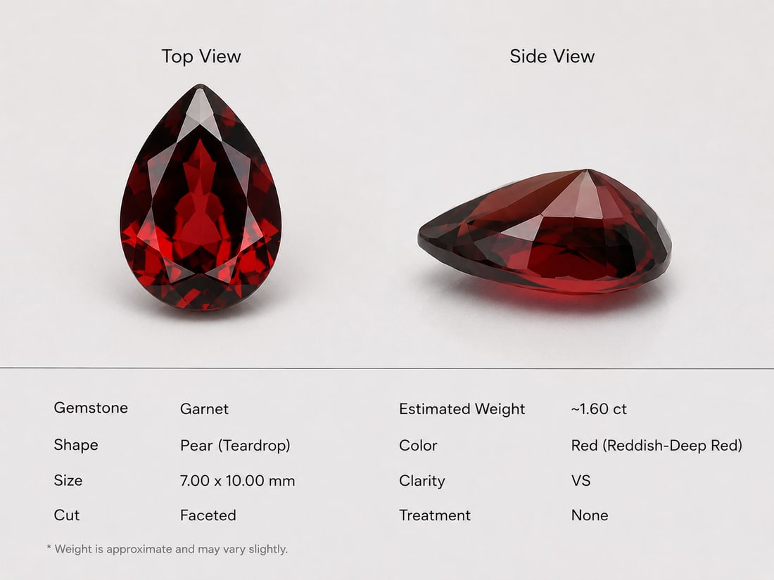 Natural Garnet Pear Cut 7x10 mm Loose Gemstone: Title: Natural Garnet Pear Cut 7x10 mm Loose Gemstone Description: Beautiful natural garnet gemstone in a classic pear (teardrop) shape, displaying a rich deep-red colour with excellent