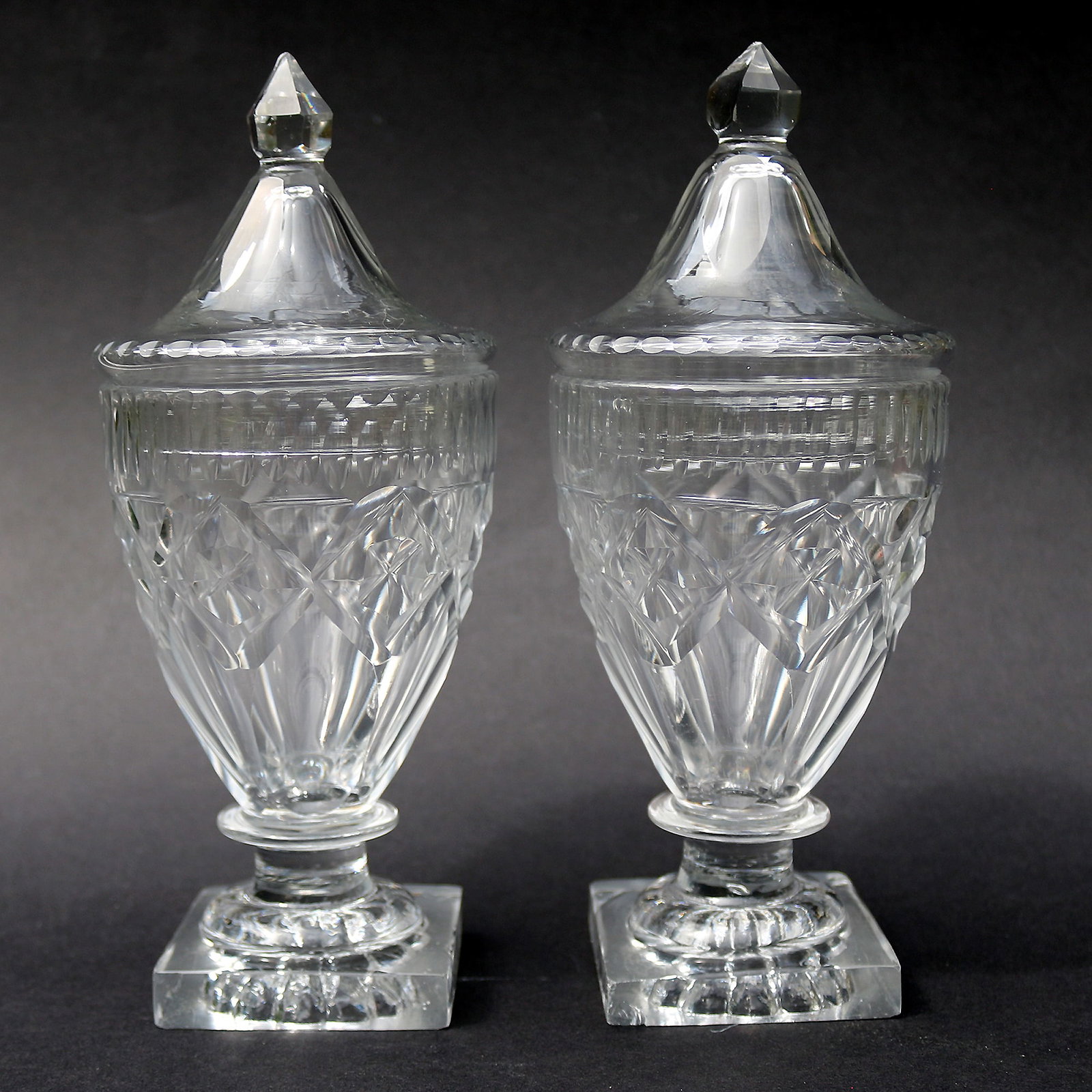 A Pair of Antique Georgian Irish Dublin Cork Cut Glass BonBon Jars Urns C.1790 - 2