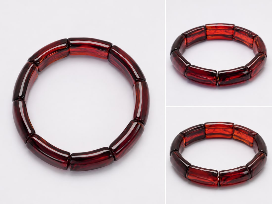Baltic Amber Stretch Bracelet – Deep Cherry Cognac Amber: Title: Baltic Amber Stretch Bracelet – Deep Cherry Cognac Amber Description: Elegant stretch bracelet crafted from richly coloured Baltic amber segments in deep cherry and cognac tones. 