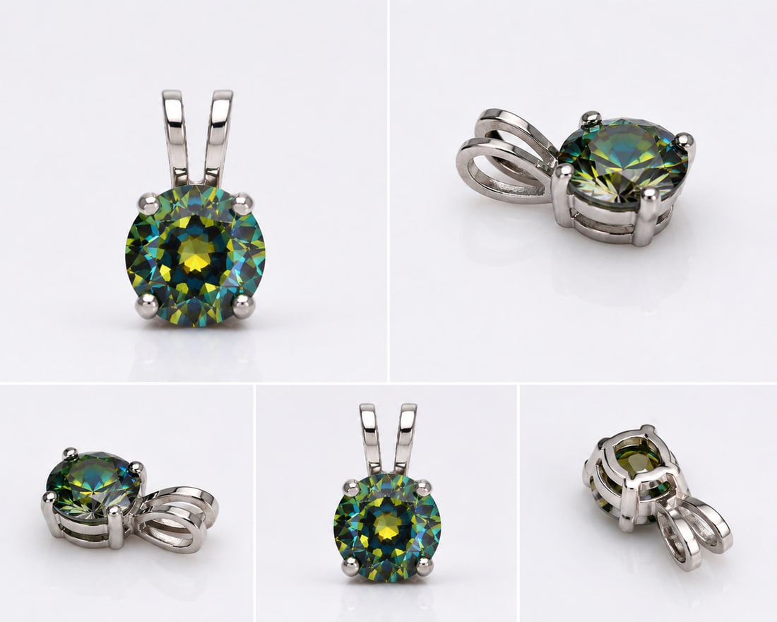 Certified 1 Ct Green Moissanite Pendant In Sterling Silver 925: Title: Certified 1 Ct Green Moissanite Pendant In Sterling Silver 925 Description: Elegant solitaire pendant featuring a dazzling 1.00 carat round green moissanite, securely set in a polished