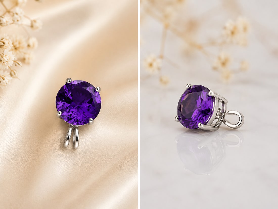 925 Sterling Silver Amethyst Pendant – Round Cut Purple Gemstone: Title: 925 Sterling Silver Amethyst Pendant – Round Cut Purple Gemstone Description: Elegant pendant featuring a vibrant round-cut purple amethyst set in a classic four-prong sterling silver