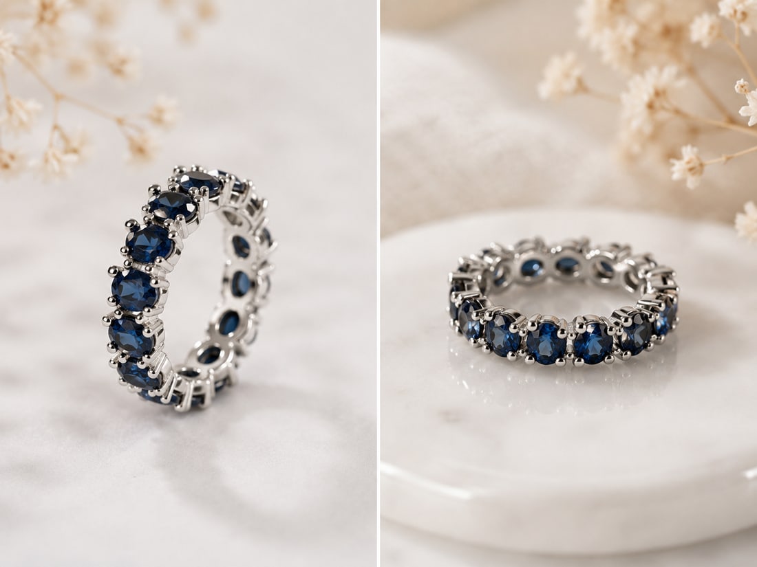 Synthetic Blue Sapphire Eternity Ring – Silver Plated Band – Size 16.5: Title: Synthetic Blue Sapphire Eternity Ring – Silver Plated Band – Size 16.5 Description: Elegant eternity-style ring featuring a full circle of sparkling synthetic blue sapphires set in