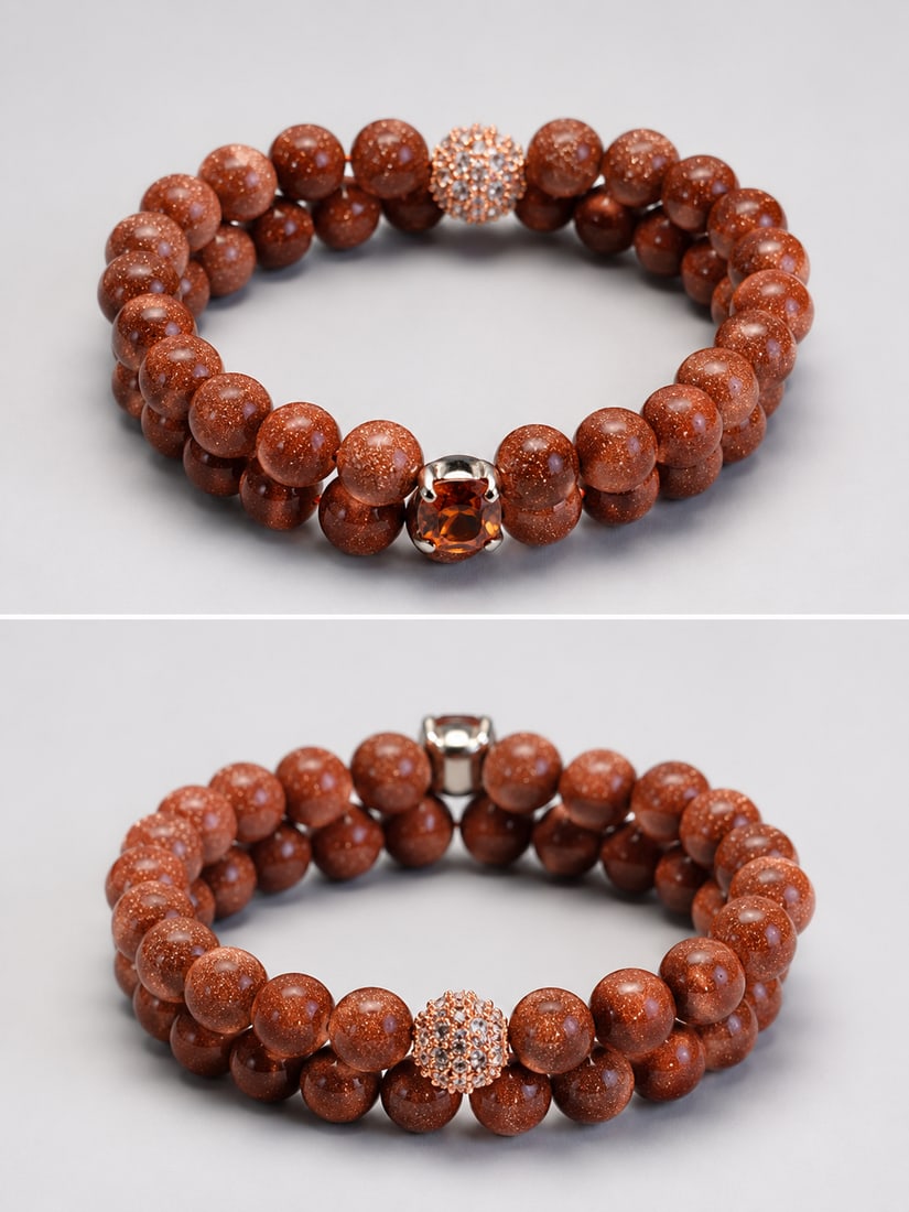 2.70 Ct Orange Garnet Double Strand Goldstone Bracelet With Magnetic Clasp: Title: 2.70 Ct Orange Garnet Double Strand Goldstone Bracelet With Magnetic Clasp Description: Elegant double-strand bracelet featuring sparkling Goldstone beads and a vibrant 2.70 carat orange