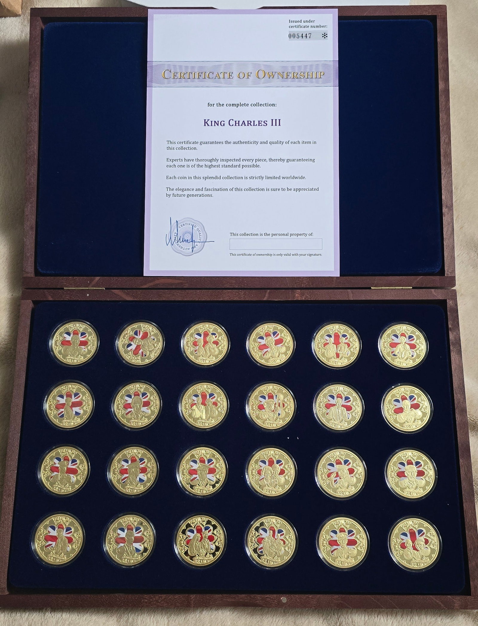 Collection of King Charles III Coins: Title: Collection of King Charles III Coins Description: Full collection of 24 King Charles III coins with certificate of authenticity. All in special box. Condition: New Delivery option: Collection