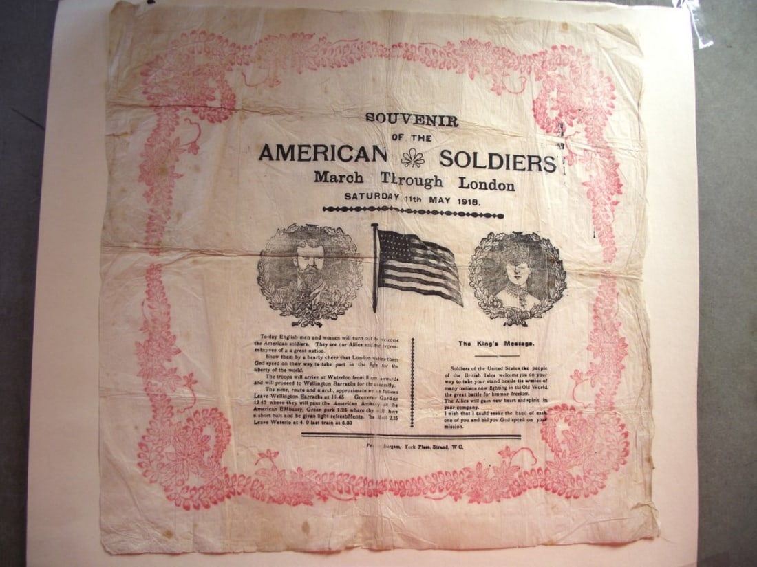 Souvenir Napkin - American Soldiers March Through London Saturday 11th May 1918: Title: Souvenir Napkin - American Soldiers March Through London Saturday 11th May 1918 Description: Souvenir napkin in commemoration of the American Soldiers March through London Saturday 11th May