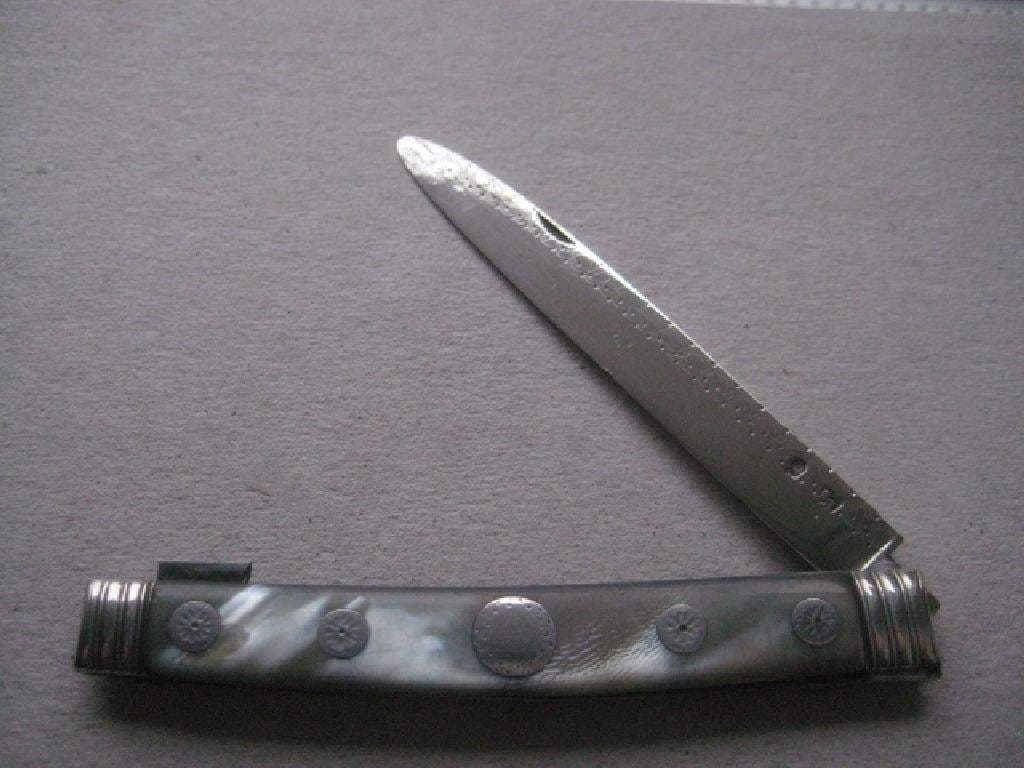 George III Mother of Pearl Hafted Silver Bladed Folding Fruit Knife, c1784: Title: George III Mother of Pearl Hafted Silver Bladed Folding Fruit Knife, c1784 Description: George III Incuse Duty Marked Mother of Pearl Hafted Silver Bladed Folding Fruit Knife.