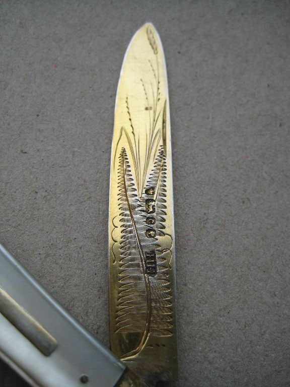 Rare Victorian Mother of Pearl Hafted Silver-Gilt Bladed Folding Fruit Knife, Sheffield 1874 - 5