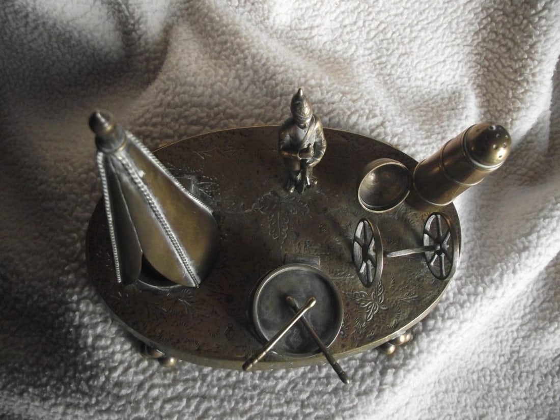 Victorian Brass Inkwell Desk Set - Military Theme - Lozenge Mark 13th January 1883 - 15