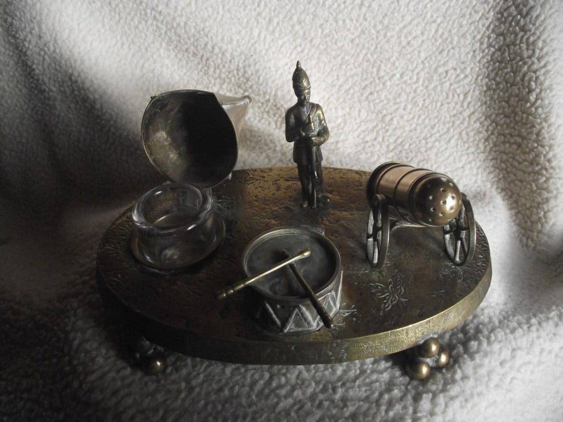 Victorian Brass Inkwell Desk Set - Military Theme - Lozenge Mark 13th January 1883 - 16