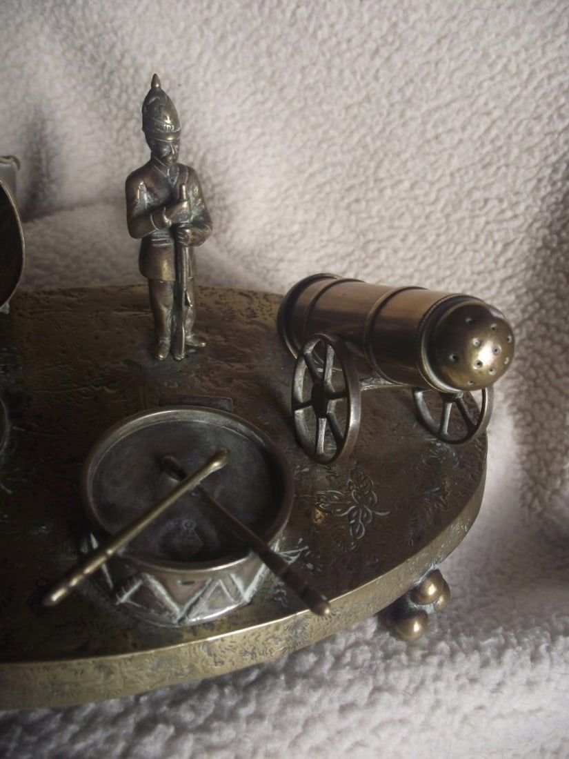 Victorian Brass Inkwell Desk Set - Military Theme - Lozenge Mark 13th January 1883 - 17
