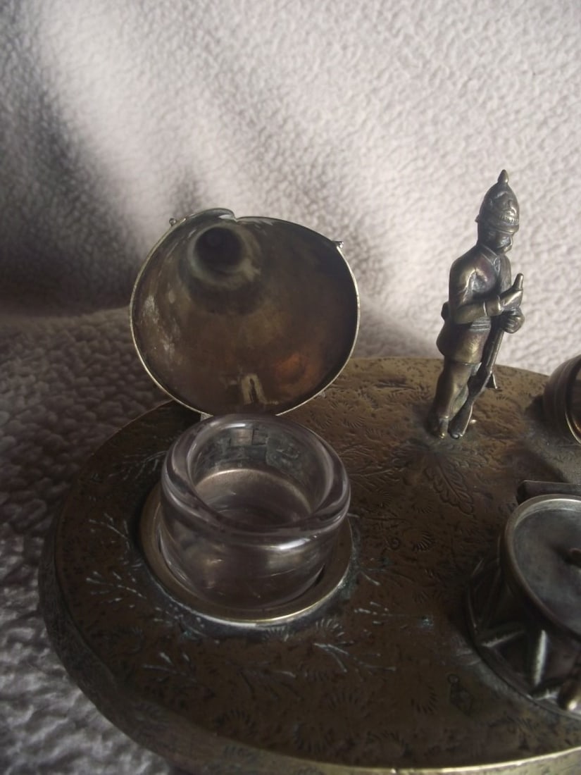 Victorian Brass Inkwell Desk Set - Military Theme - Lozenge Mark 13th January 1883 - 18
