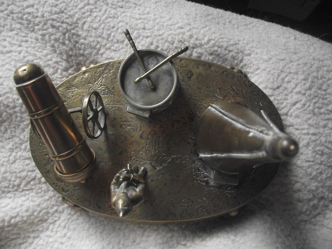 Victorian Brass Inkwell Desk Set - Military Theme - Lozenge Mark 13th January 1883 - 19