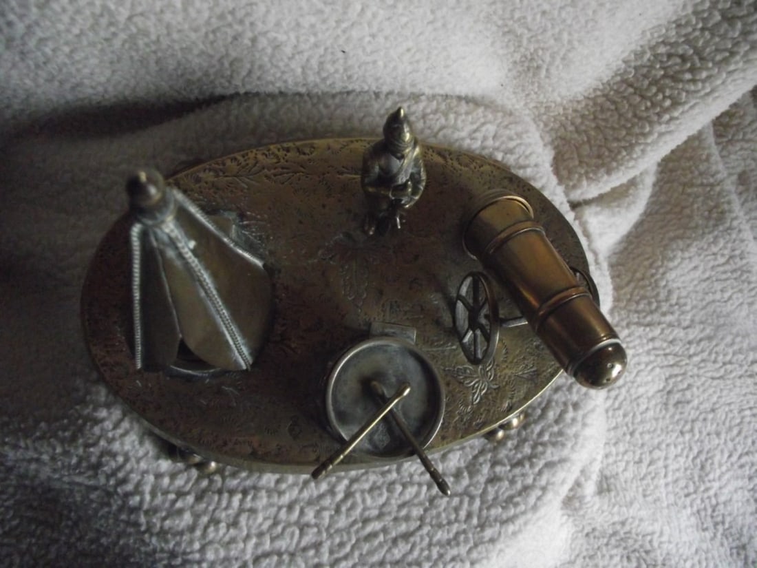 Victorian Brass Inkwell Desk Set - Military Theme - Lozenge Mark 13th January 1883 - 2
