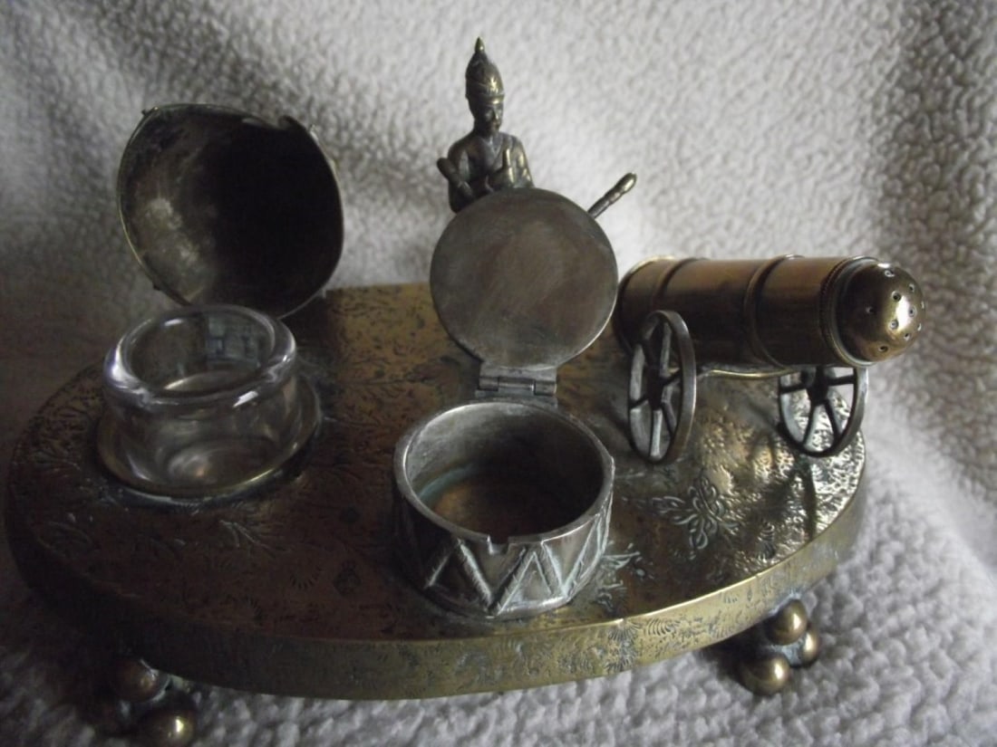 Victorian Brass Inkwell Desk Set - Military Theme - Lozenge Mark 13th January 1883 - 4