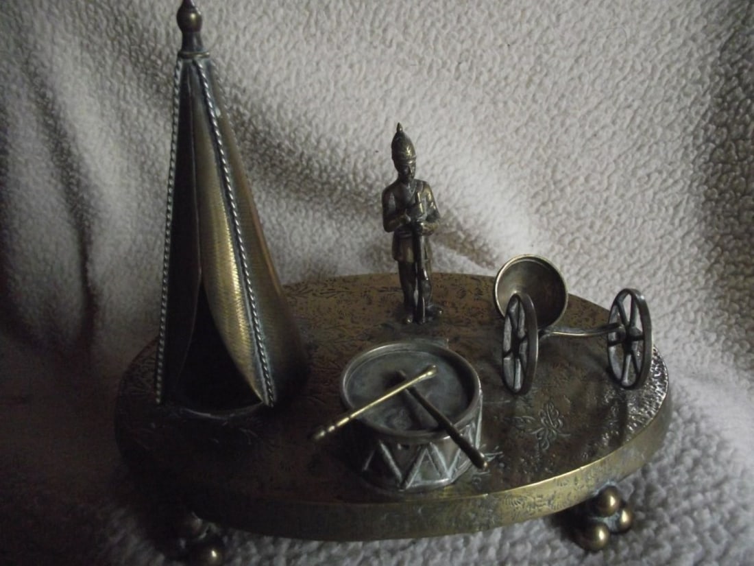Victorian Brass Inkwell Desk Set - Military Theme - Lozenge Mark 13th January 1883 - 5