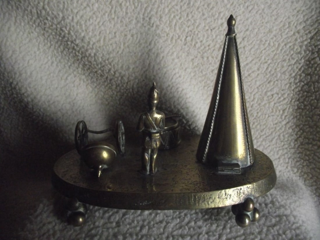Victorian Brass Inkwell Desk Set - Military Theme - Lozenge Mark 13th January 1883 - 8