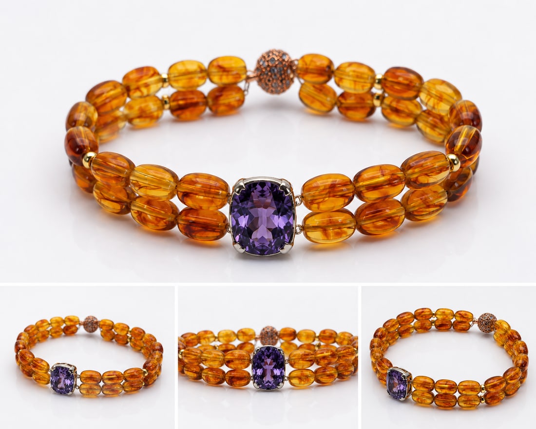 Natural Amber Double Strand Bracelet With Amethyst Centre Stone & Magnetic Clasp: Title: Natural Amber Double Strand Bracelet With Amethyst Centre Stone & Magnetic Clasp Description: Elegant double-strand bracelet crafted with warm honey-coloured natural amber beads and