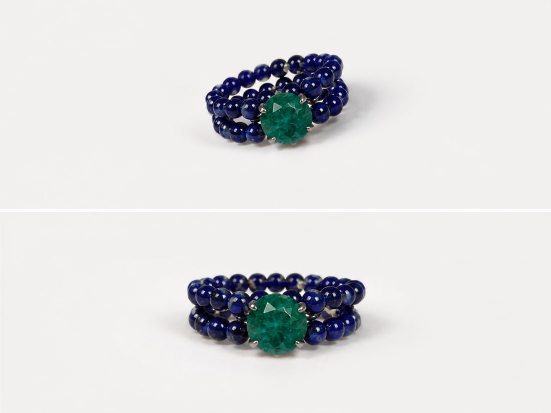 Handmade Emerald Rose Cut & Pearl Beaded Ring: Title: Handmade Emerald Rose Cut & Pearl Beaded Ring Description: Elegant handmade beaded ring featuring a natural emerald in a classic rose-cut faceting style as the centrepiece. The ring