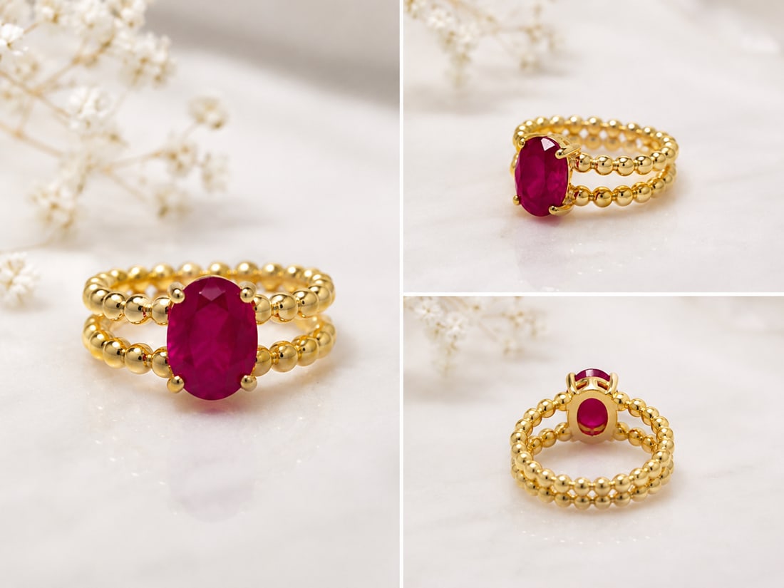Handmade Ruby Corundum Ring 14x10mm – Pearl Beaded Stretch Band – Size 16: Title: Handmade Ruby Corundum Ring 14x10mm – Pearl Beaded Stretch Band – Size 16 Description: Unique handmade ring featuring a striking 14x10mm ruby corundum gemstone in a warm golden